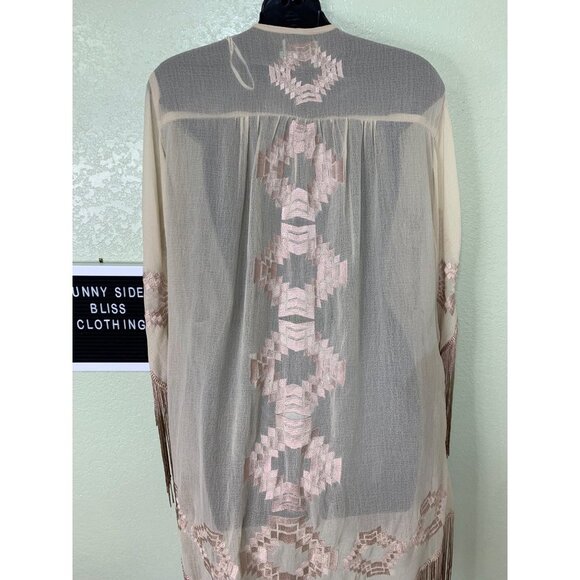 Judith March Cream Cardigan Duster With Embroidery And Brown Fringe Size Medium - Picture 10 of 15